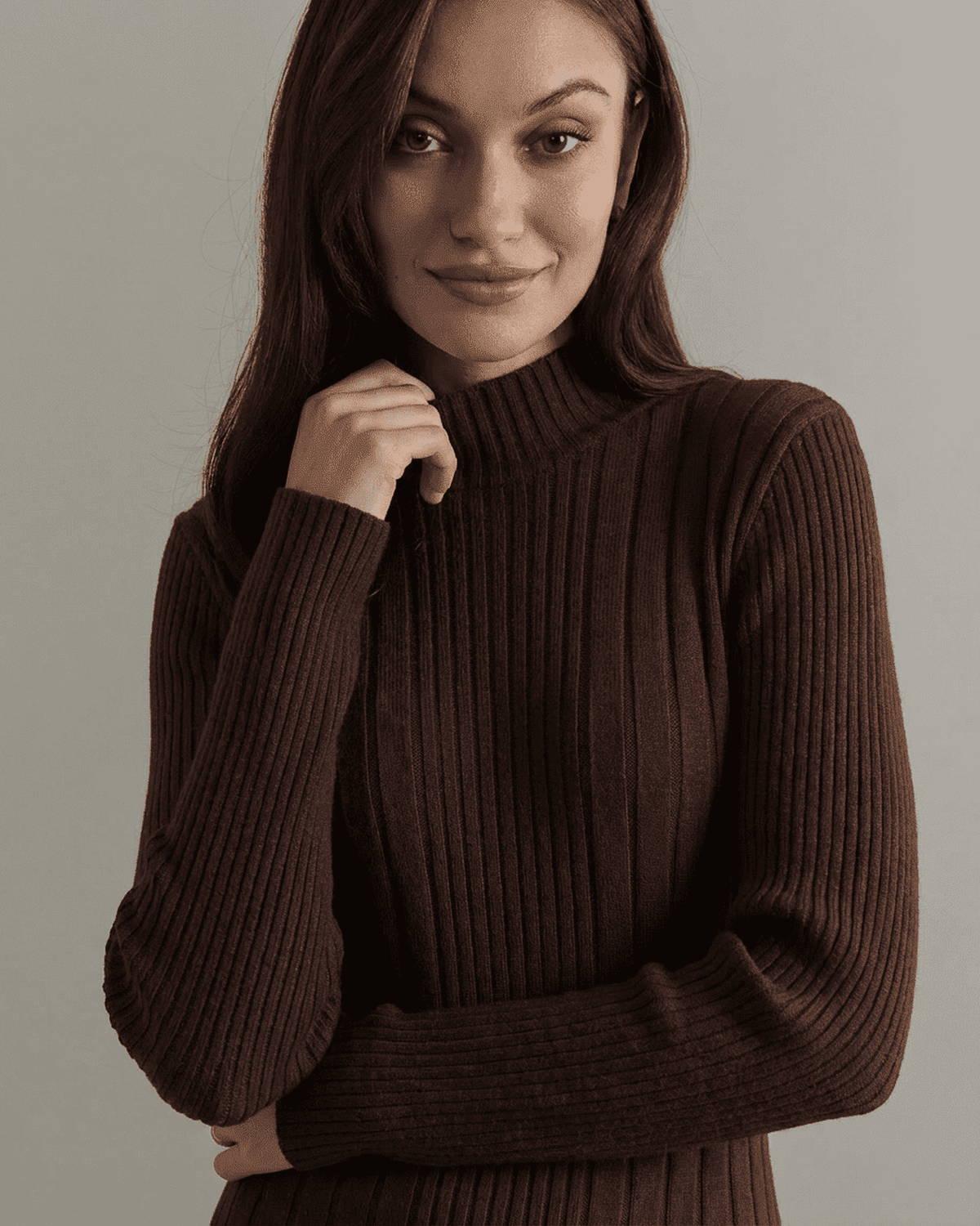 Tago Mini Dress in a rich brown hue featuring a ribbed texture and mock neck, perfect for stylish occasions by RAMBLION.