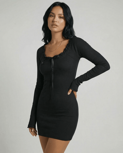 Black Cotton Bodycon Round Neck Long Sleeve Mini Dress | Prom & Cocktail Parties, front view | Ramblion | SKU: NMD-92741-black-L-2203,NMD-92741-black-M-7741,NMD-92741-black-S-4311,NMD-92741-black-XL-5166,NMD-92741-black-XS-1267
