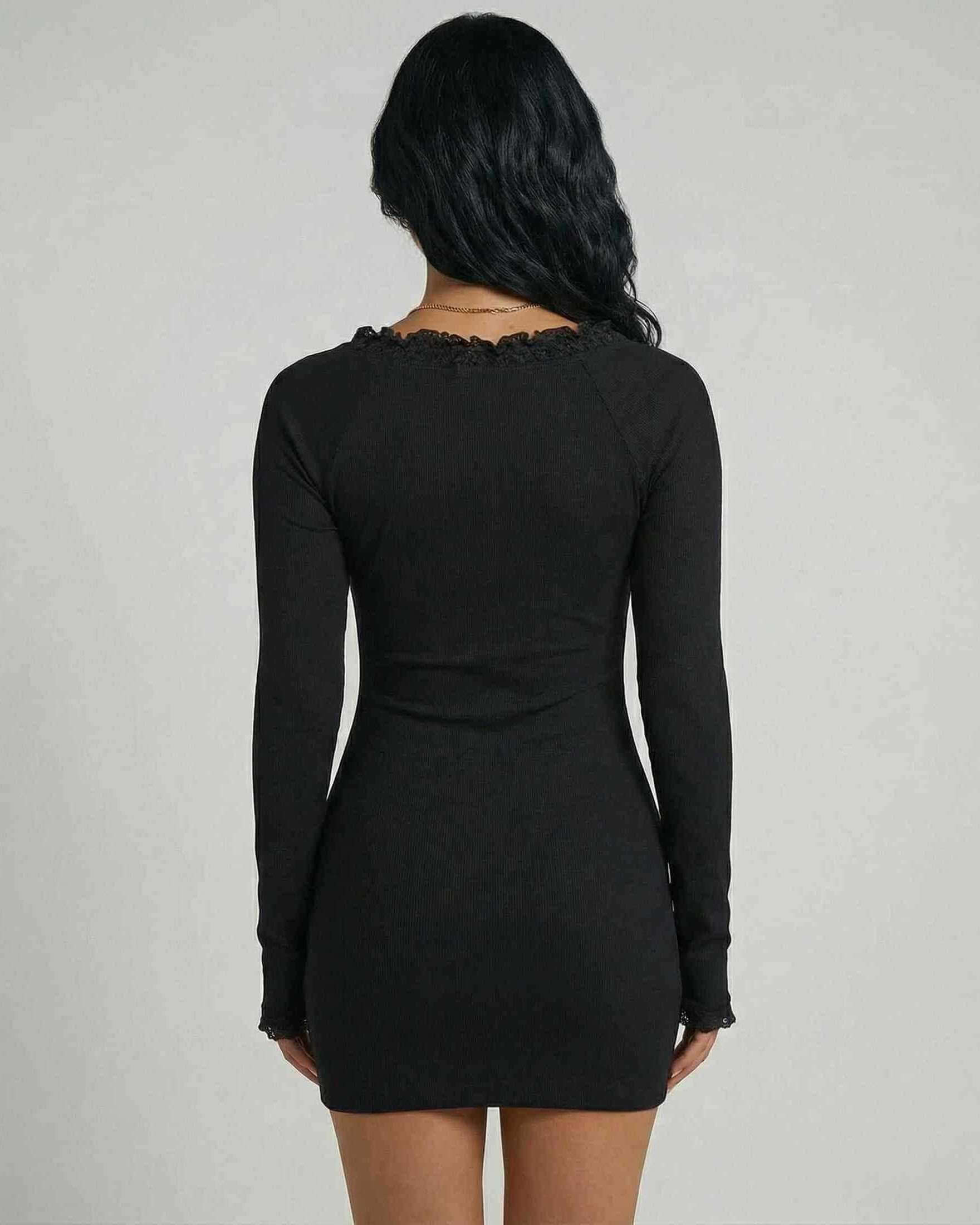 Black Cotton Bodycon Round Neck Long Sleeve Mini Dress | Prom & Cocktail Parties, back view | Ramblion | SKU: NMD-92741-black-L-2203,NMD-92741-black-M-7741,NMD-92741-black-S-4311,NMD-92741-black-XL-5166,NMD-92741-black-XS-1267
