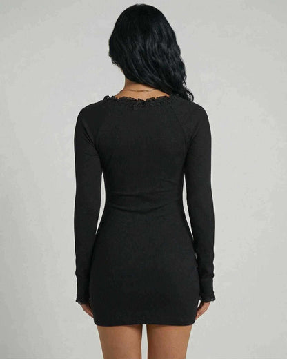 Black Cotton Bodycon Round Neck Long Sleeve Mini Dress | Prom & Cocktail Parties, back view | Ramblion | SKU: NMD-92741-black-L-2203,NMD-92741-black-M-7741,NMD-92741-black-S-4311,NMD-92741-black-XL-5166,NMD-92741-black-XS-1267
