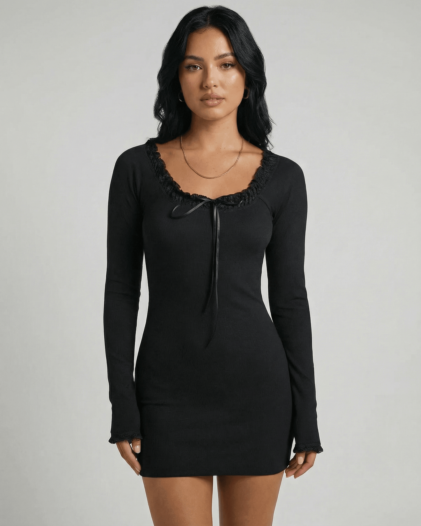 Black Cotton Bodycon Round Neck Long Sleeve Mini Dress | Prom & Cocktail Parties, front view | Ramblion | SKU: NMD-92741-black-L-2203,NMD-92741-black-M-7741,NMD-92741-black-S-4311,NMD-92741-black-XL-5166,NMD-92741-black-XS-1267