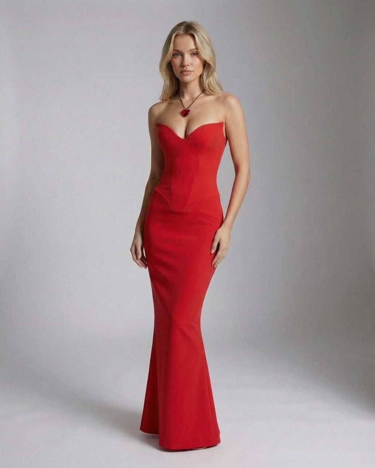 Tagy Maxi Dress - Red strapless ankle-length gown by RAMBLION, featuring satin fabric for elegant evening wear.