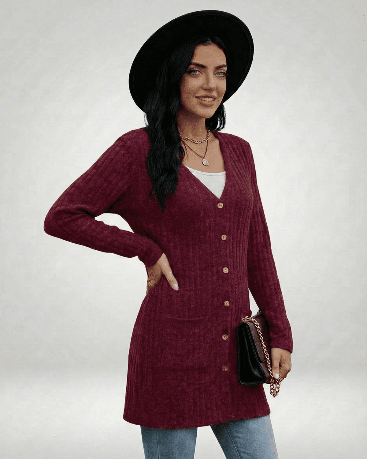Taha Cardigan by RAMBLION in red, V-neck, longline design, perfect for casual outings, soft knit, stylish and comfortable