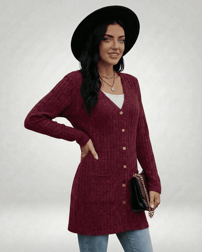 Taha Cardigan by RAMBLION in red, V-neck, longline design, perfect for casual outings, soft knit, stylish and comfortable