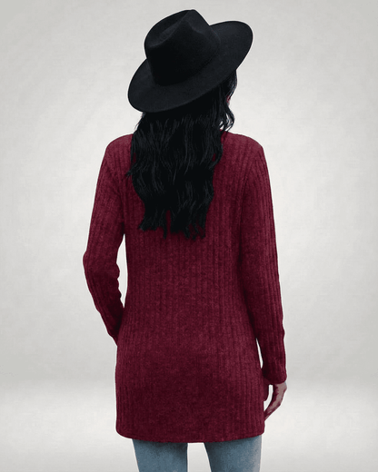 Taha Cardigan in vibrant red, longline design, perfect for casual outings, by RAMBLION.
