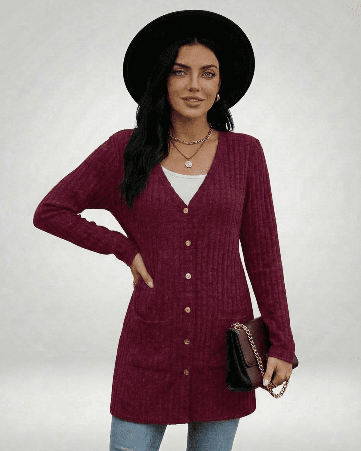 Taha Cardigan by RAMBLION, red longline cardigan with V-neck, perfect for casual outings and stylish occasions.