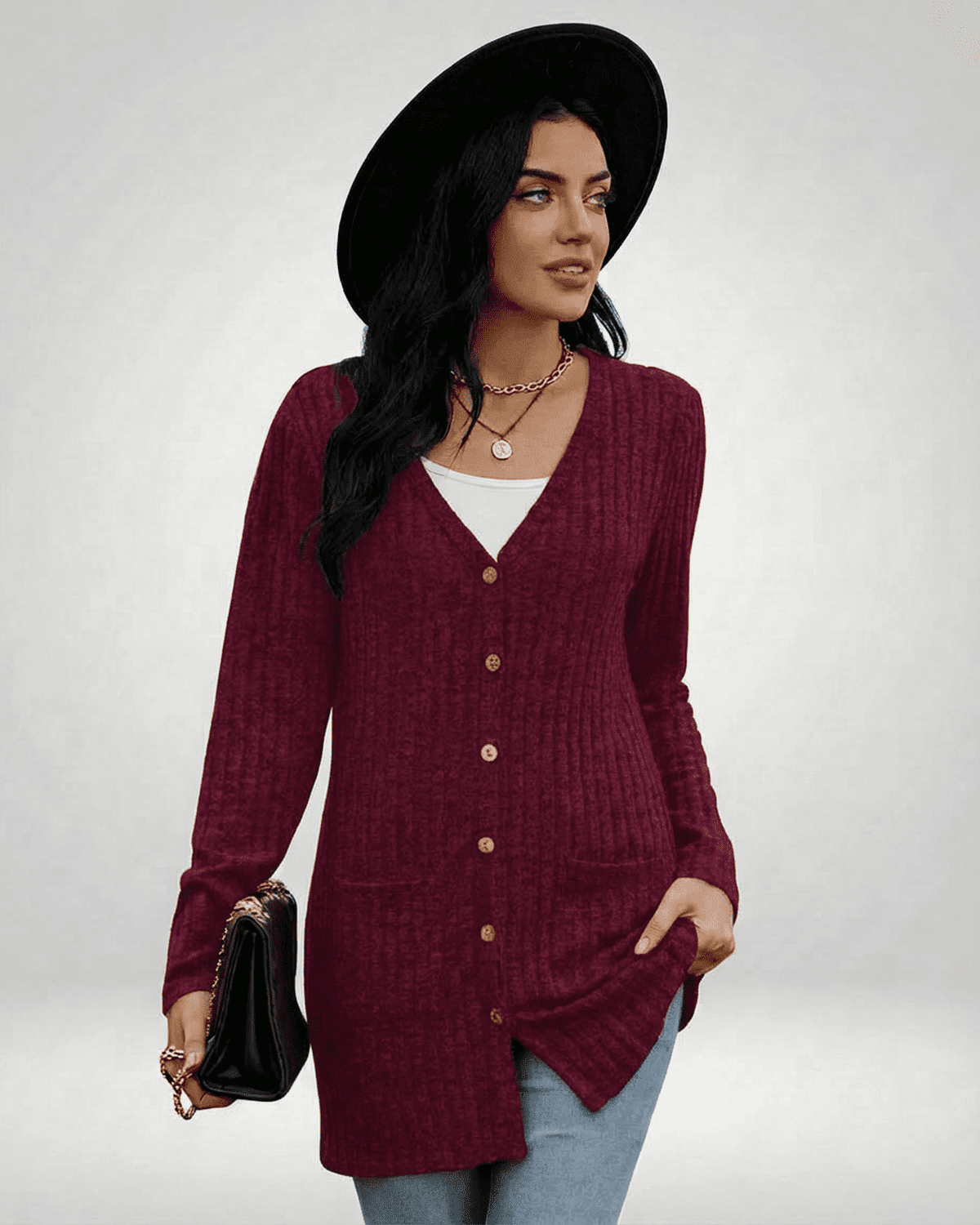 Taha Cardigan in vibrant red, V-neck, stylish longline fit, perfect for casual and chic occasions by RAMBLION.