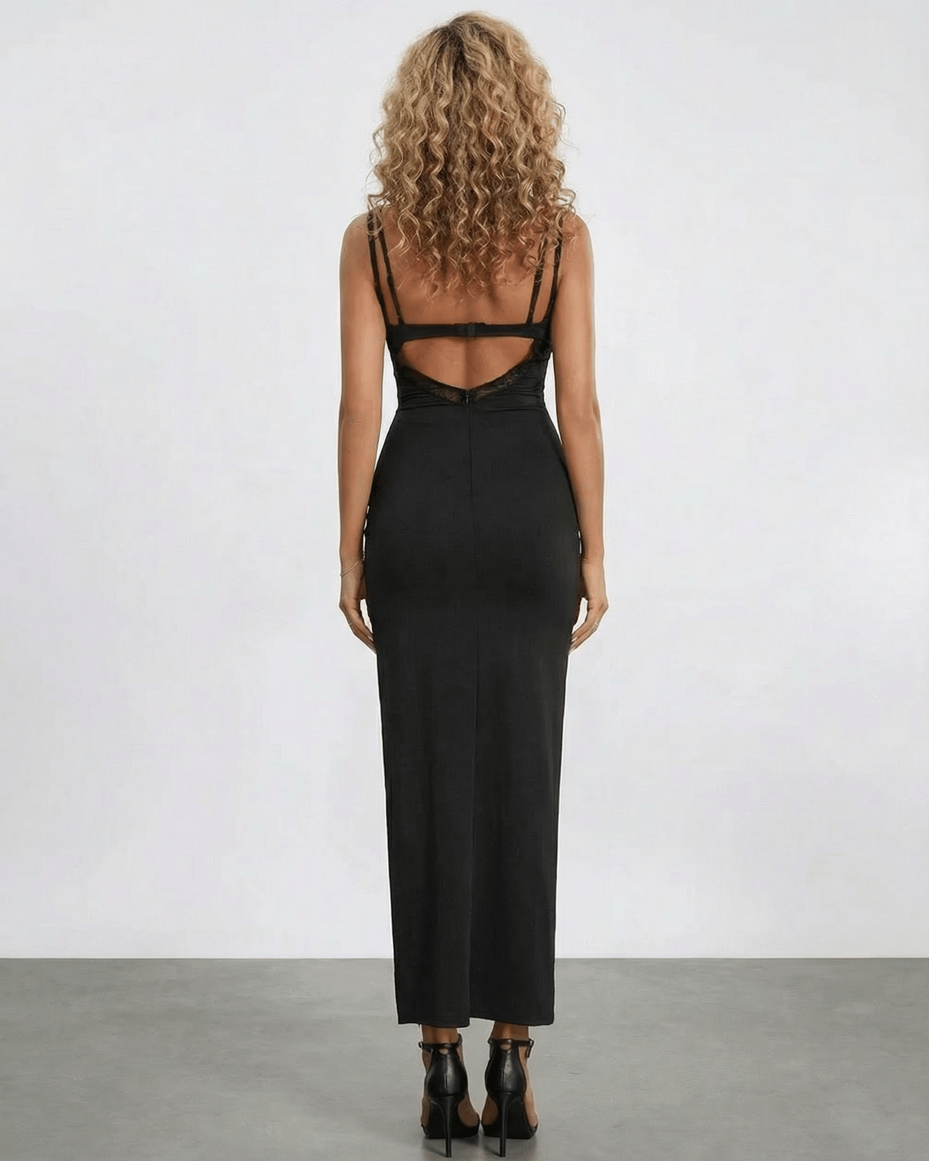 Tahe Maxi Dress back view, black ankle-length with lace detailing, modern elegance by RAMBLION.