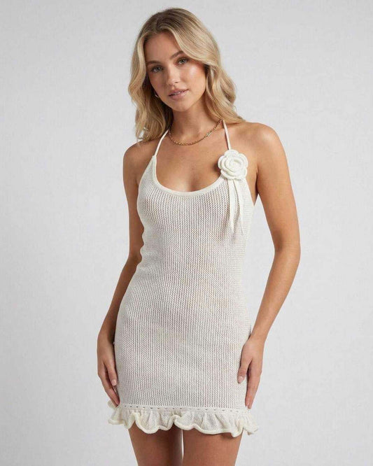 Tahe Mini Dress by RAMBLION, elegant white halter dress, lightweight, perfect for summer occasions with playful ruffles.