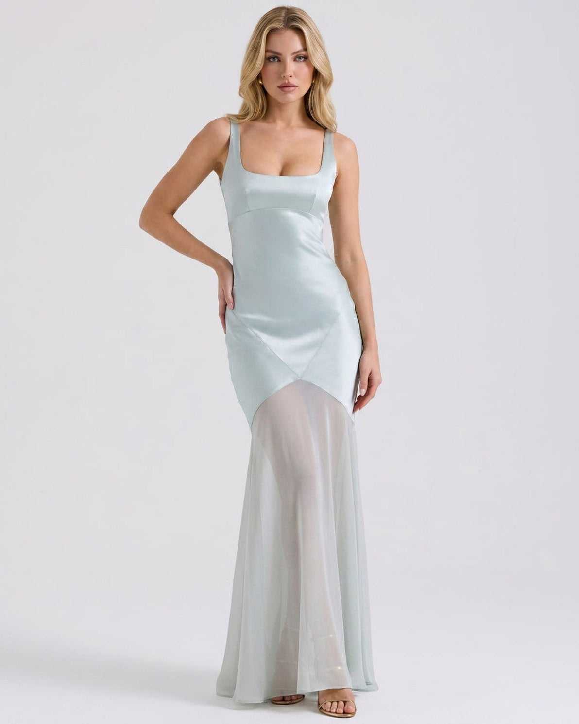 Ramblion Tala maxi dress — square neck neckline · front view · styled for prom season