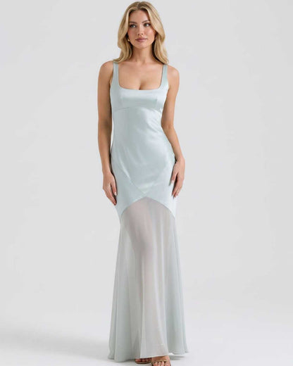 Ramblion Tala maxi dress — square neck neckline · fabric close-up · styled for prom season