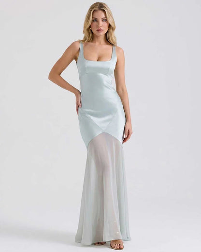 Green,beige,black,white Slip Square Neck Sleeveless Maxi Dress | Formal Occasions & Cocktail Parties, front view | Ramblion