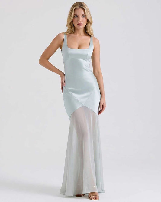 Green,beige,black,white Slip Square Neck Sleeveless Maxi Dress | Formal Occasions & Cocktail Parties, front view | Ramblion