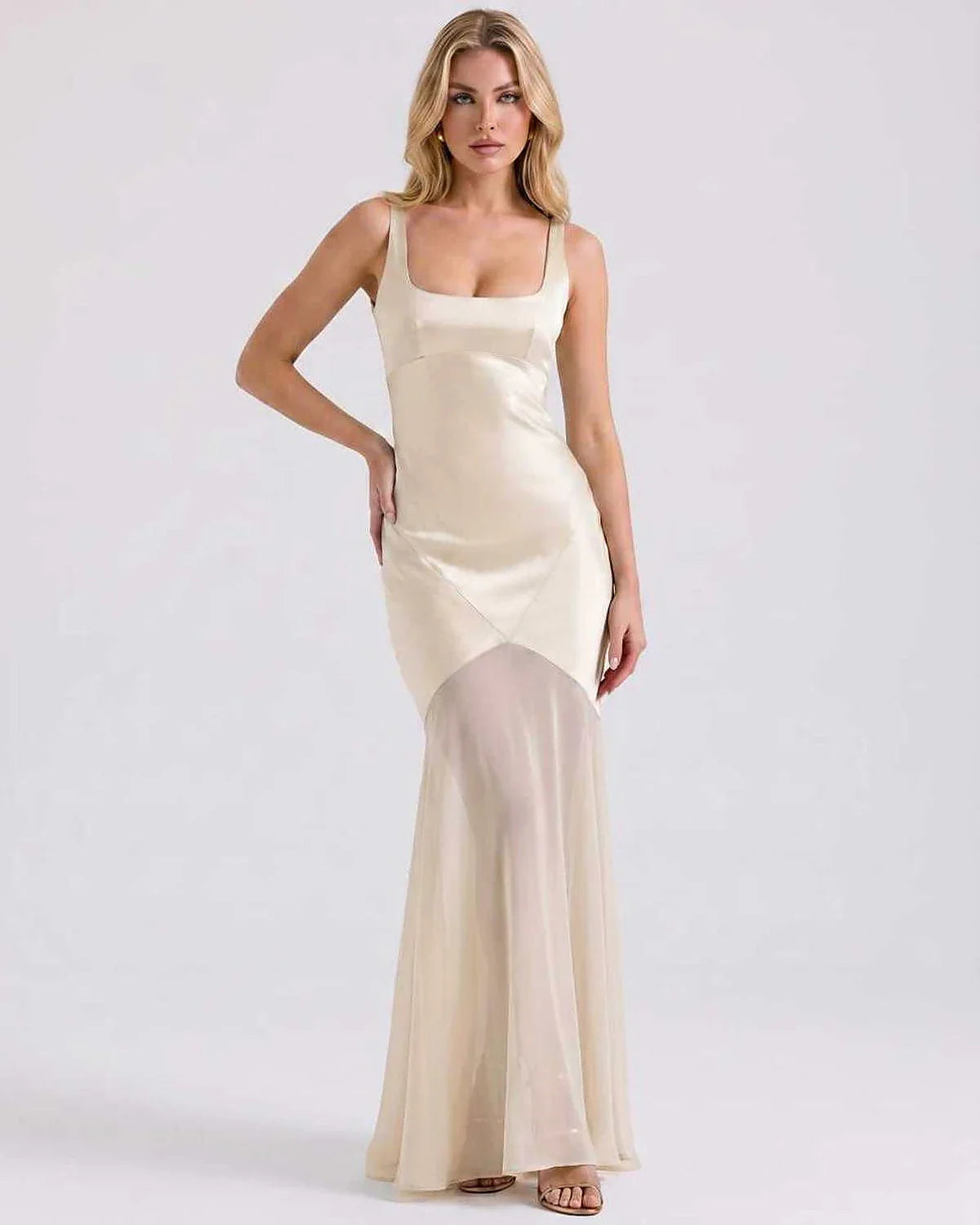 Green,beige,black,white Slip Square Neck Sleeveless Maxi Dress | Formal Occasions & Cocktail Parties, front view | Ramblion