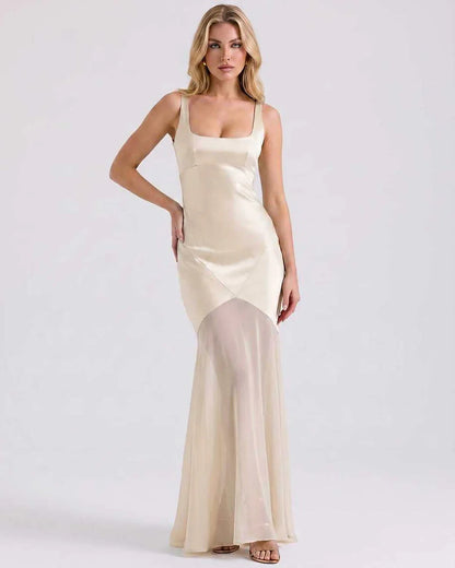 Green,beige,black,white Slip Square Neck Sleeveless Maxi Dress | Formal Occasions & Cocktail Parties, front view | Ramblion