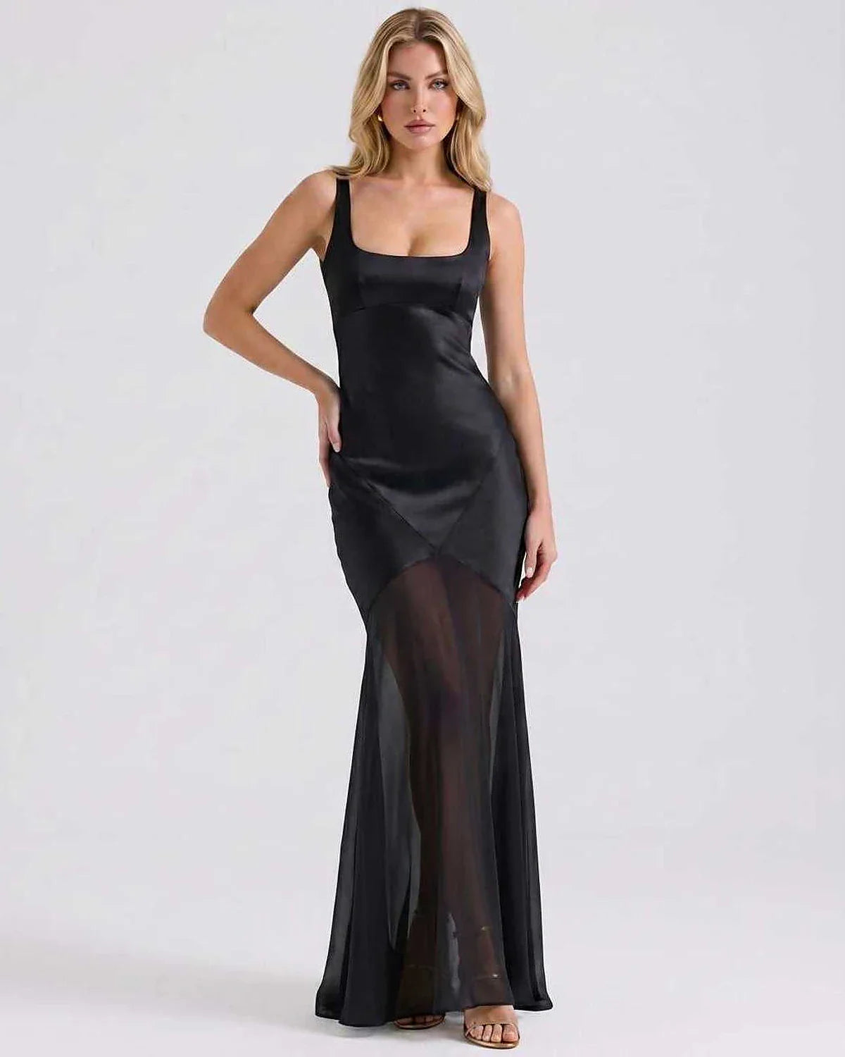 Green,beige,black,white Slip Square Neck Sleeveless Maxi Dress | Formal Occasions & Cocktail Parties, front view | Ramblion