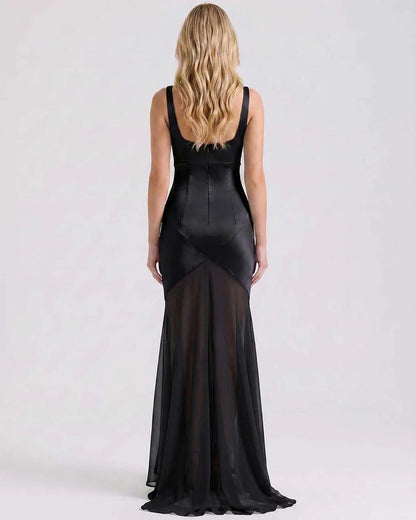Green,beige,black,white Slip Square Neck Sleeveless Maxi Dress | Formal Occasions & Cocktail Parties, back view | Ramblion | SKU: RB-ECAB91-BLACK-L,RB-ECAB91-BLACK-M,RB-ECAB91-BLACK-S,RB-ECAB91-BLACK-XL,RB-ECAB91-BLACK-XS
