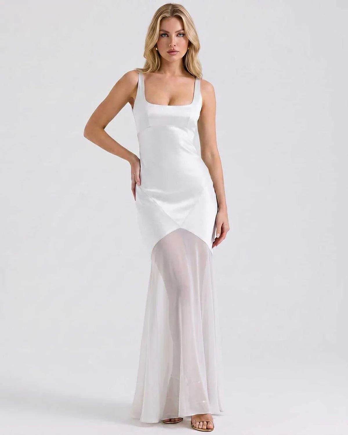 Green,beige,black,white Slip Square Neck Sleeveless Maxi Dress | Formal Occasions & Cocktail Parties, front view | Ramblion