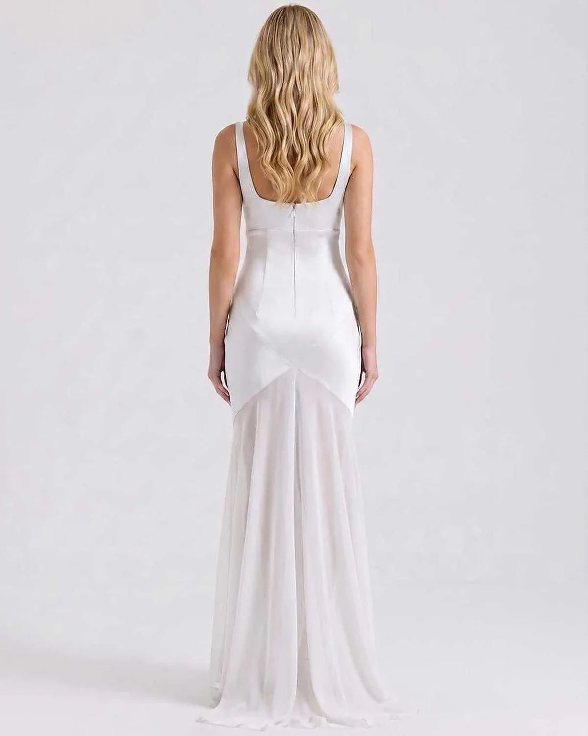 Green,beige,black,white Slip Square Neck Sleeveless Maxi Dress | Formal Occasions & Cocktail Parties, back view | Ramblion | SKU: RB-ECAB91-WHITE-L,RB-ECAB91-WHITE-M,RB-ECAB91-WHITE-S,RB-ECAB91-WHITE-XL,RB-ECAB91-WHITE-XS