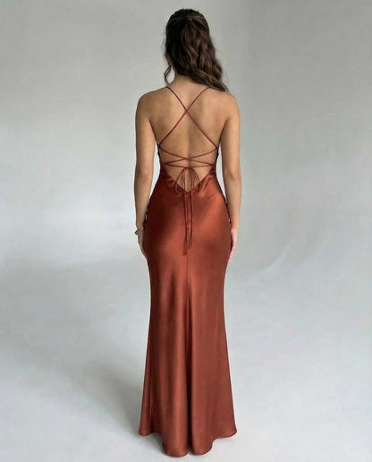Tara Maxi Dress, gold ankle-length, V-neck, spaghetti straps, RAMBLION brand, elegant evening wear.