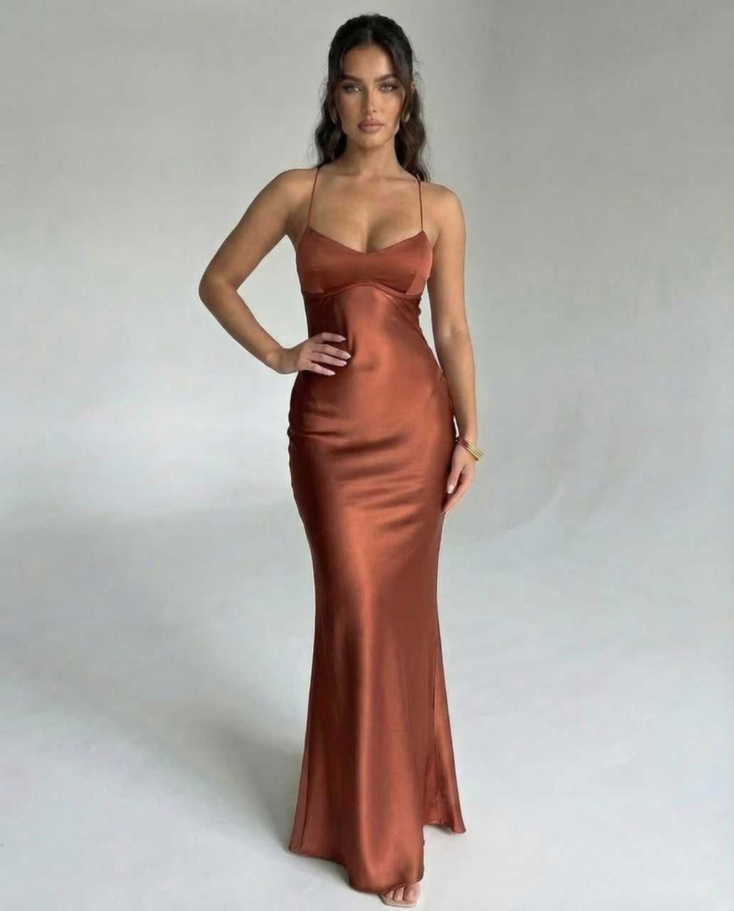 Tara Maxi Dress by RAMBLION, gold satin V-neck ankle-length dress, elegant fit for special occasions.