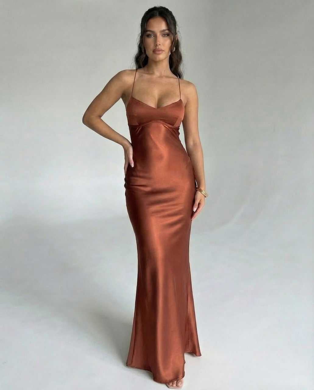 Tara Maxi Dress by RAMBLION, gold ankle-length satin, V-neck, elegant look for sophisticated occasions.