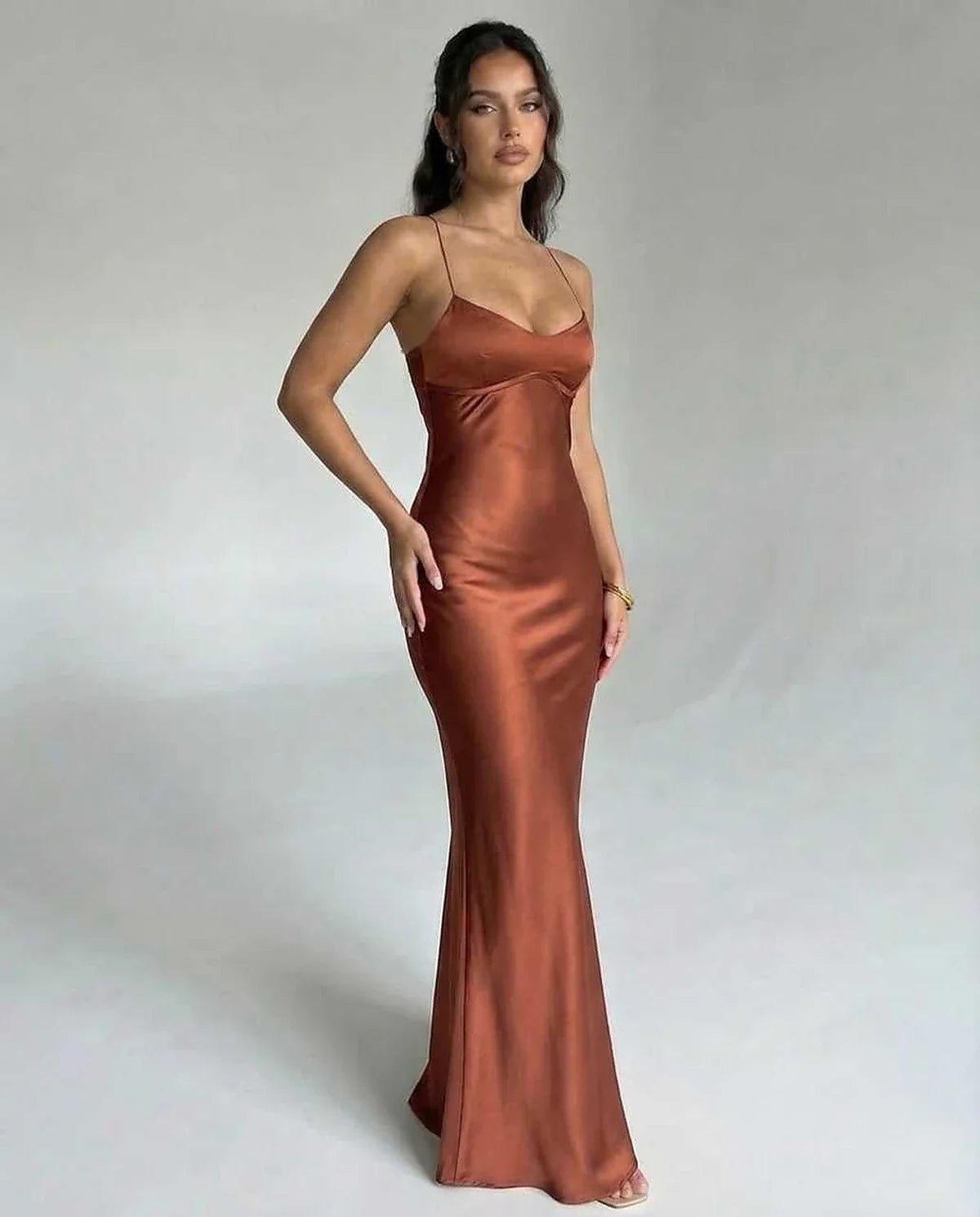 Brown Satin Bodycon V-Neck Sleeveless Maxi Dress | Evening Events & Cocktail Parties, front view | Ramblion | SKU: CMD-382946571-copper-L-8924,CMD-382946571-copper-M-3880,CMD-382946571-copper-S-1068,CMD-382946571-copper-XL-2103,CMD-382946571-copper-XS-1586
