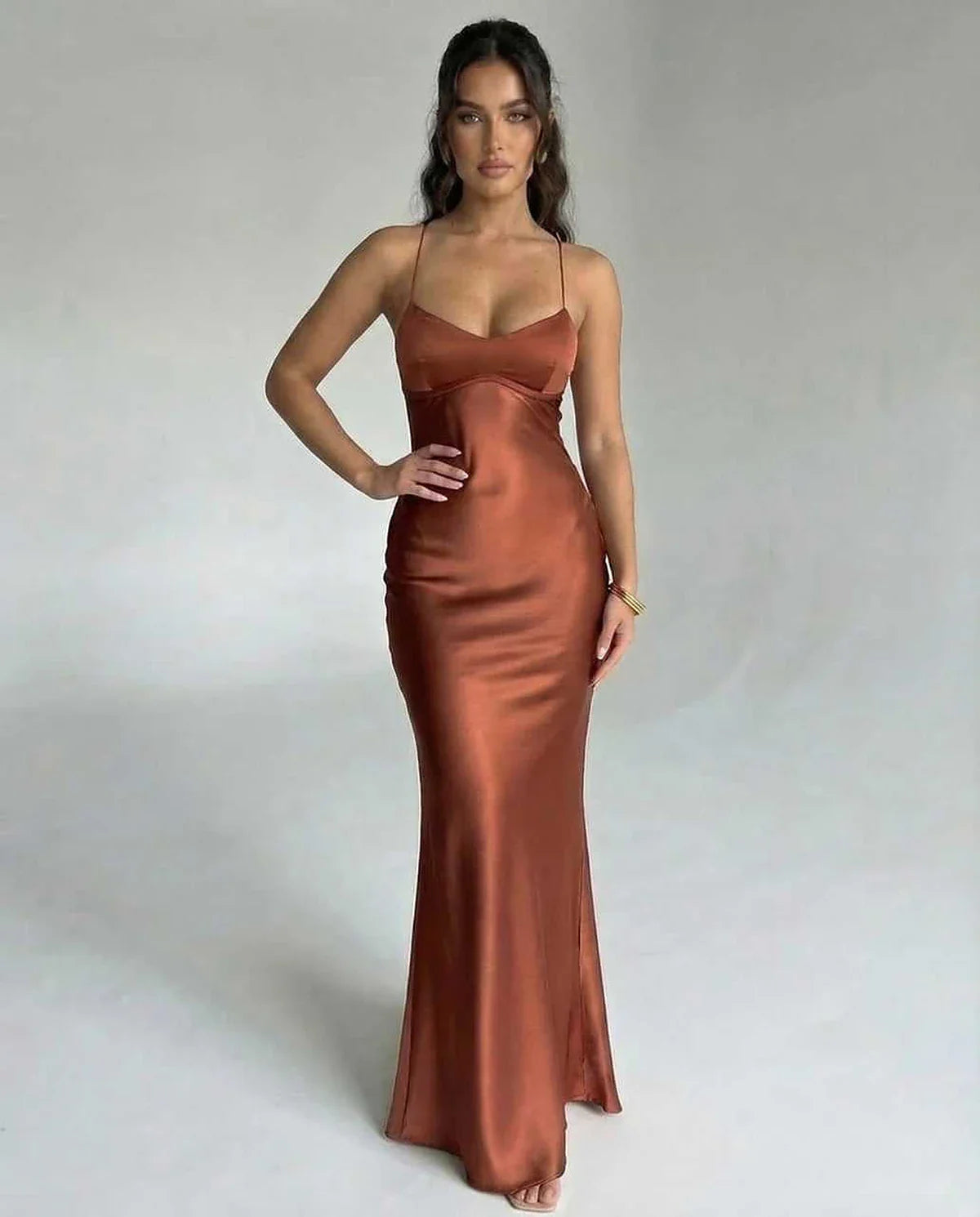 Brown Satin Bodycon V-Neck Sleeveless Maxi Dress | Evening Events & Cocktail Parties, front view | Ramblion | SKU: CMD-382946571-copper-L-8924,CMD-382946571-copper-M-3880,CMD-382946571-copper-S-1068,CMD-382946571-copper-XL-2103,CMD-382946571-copper-XS-1586
