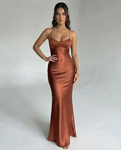 Brown Satin Bodycon V-Neck Sleeveless Maxi Dress | Evening Events & Cocktail Parties, front view | Ramblion | SKU: CMD-382946571-copper-L-8924,CMD-382946571-copper-M-3880,CMD-382946571-copper-S-1068,CMD-382946571-copper-XL-2103,CMD-382946571-copper-XS-1586