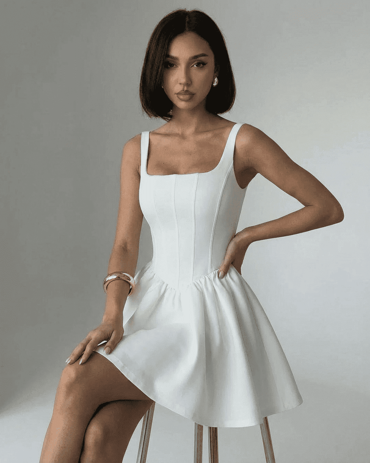 Tara Mini Dress by RAMBLION, chic white polyester satin, square neck, perfect for stylish occasions.
