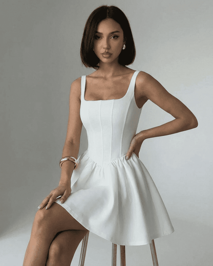 Tara Mini Dress by RAMBLION, chic white polyester satin, square neck, perfect for stylish occasions.