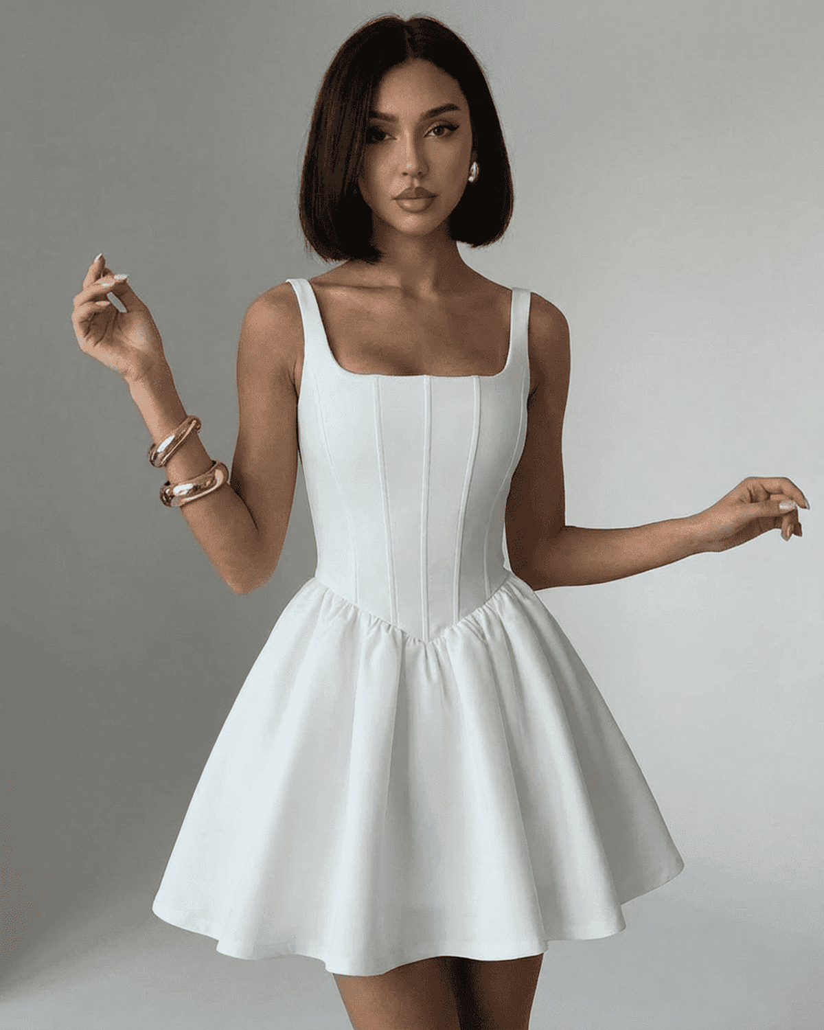 Tara Mini Dress by RAMBLION, white polyester satin, square neck, chic design, perfect for stylish occasions.
