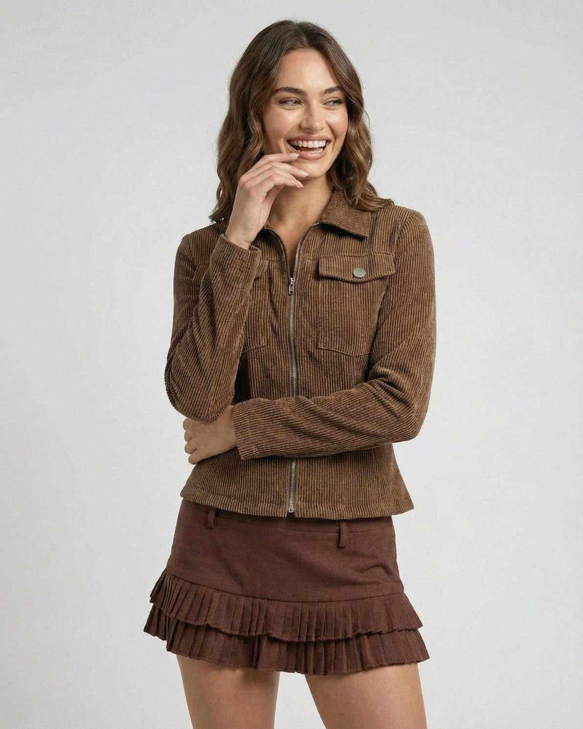 Taya Jacket by RAMBLION, brown corduroy with structured silhouette, perfect for stylish fall occasions.