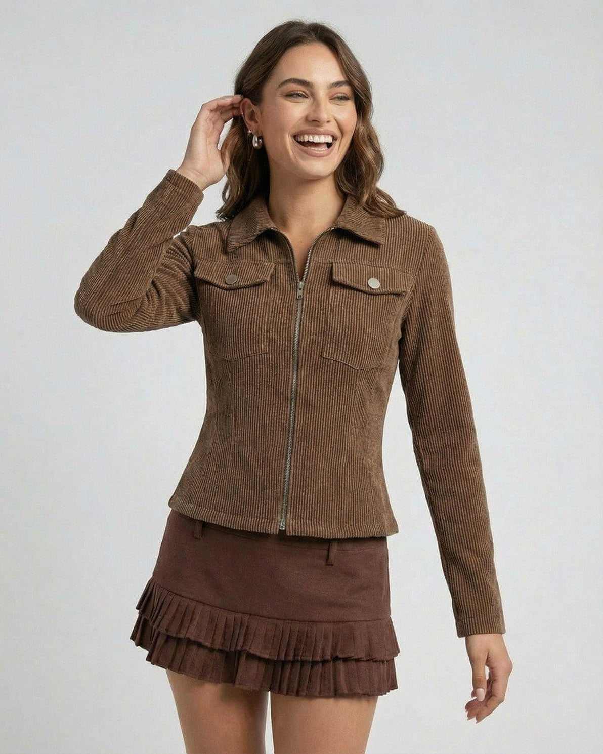 Taya Jacket by RAMBLION, brown corduroy, structured, stylish for casual occasions, versatile wardrobe essential.