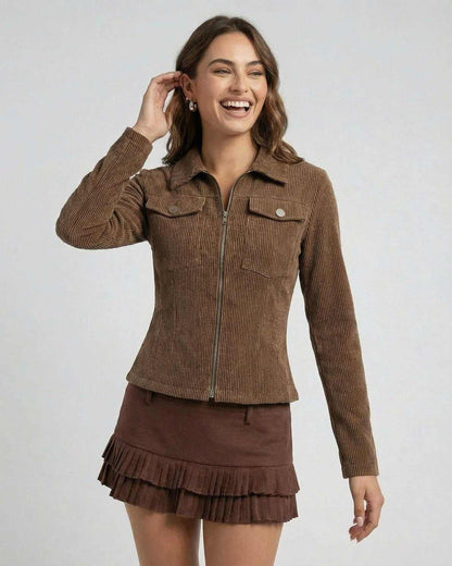 Taya Jacket by RAMBLION, brown corduroy, structured, stylish for casual occasions, versatile wardrobe essential.