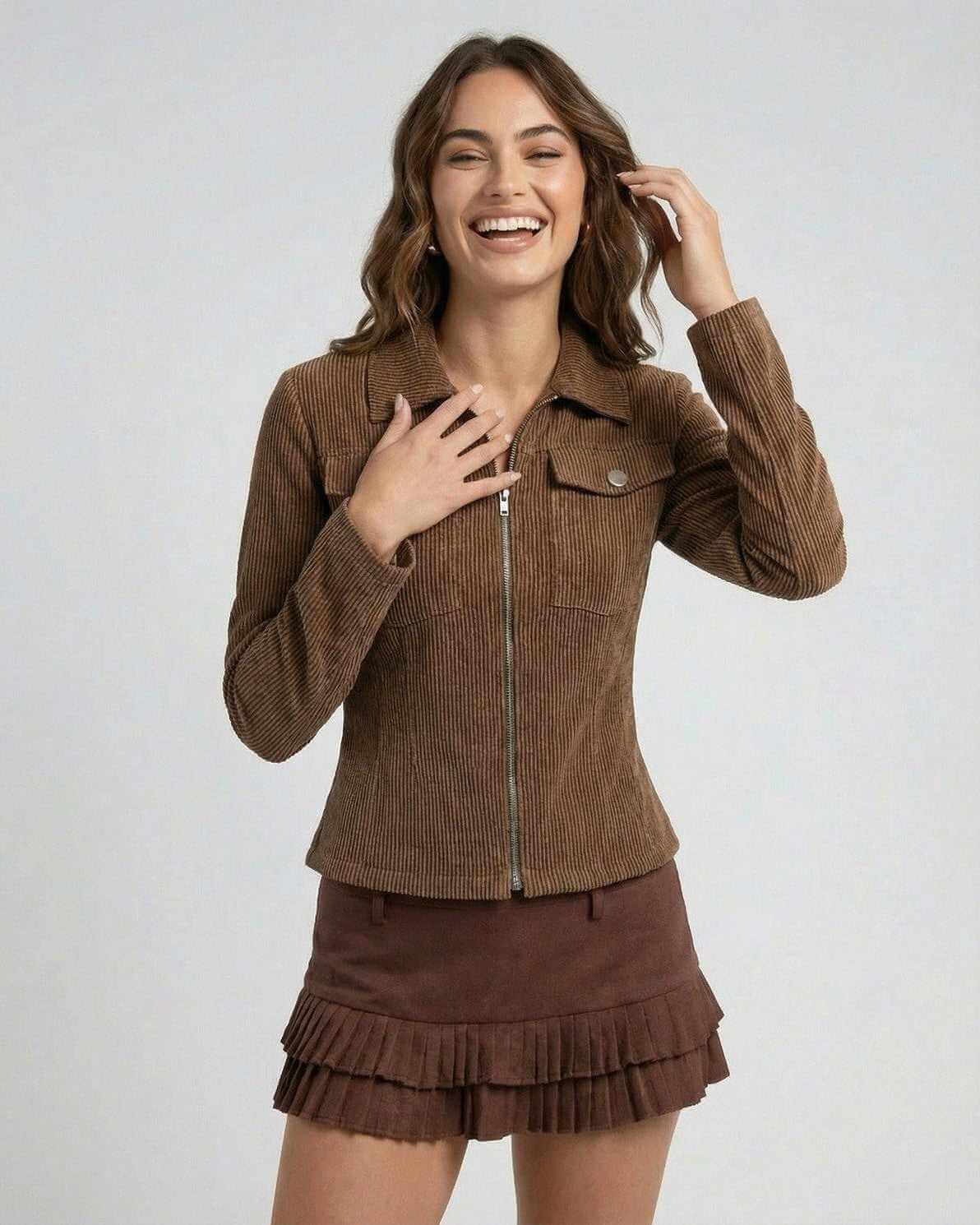 Taya Jacket by RAMBLION: Brown corduroy, stylish, contemporary vibe, perfect for casual occasions.