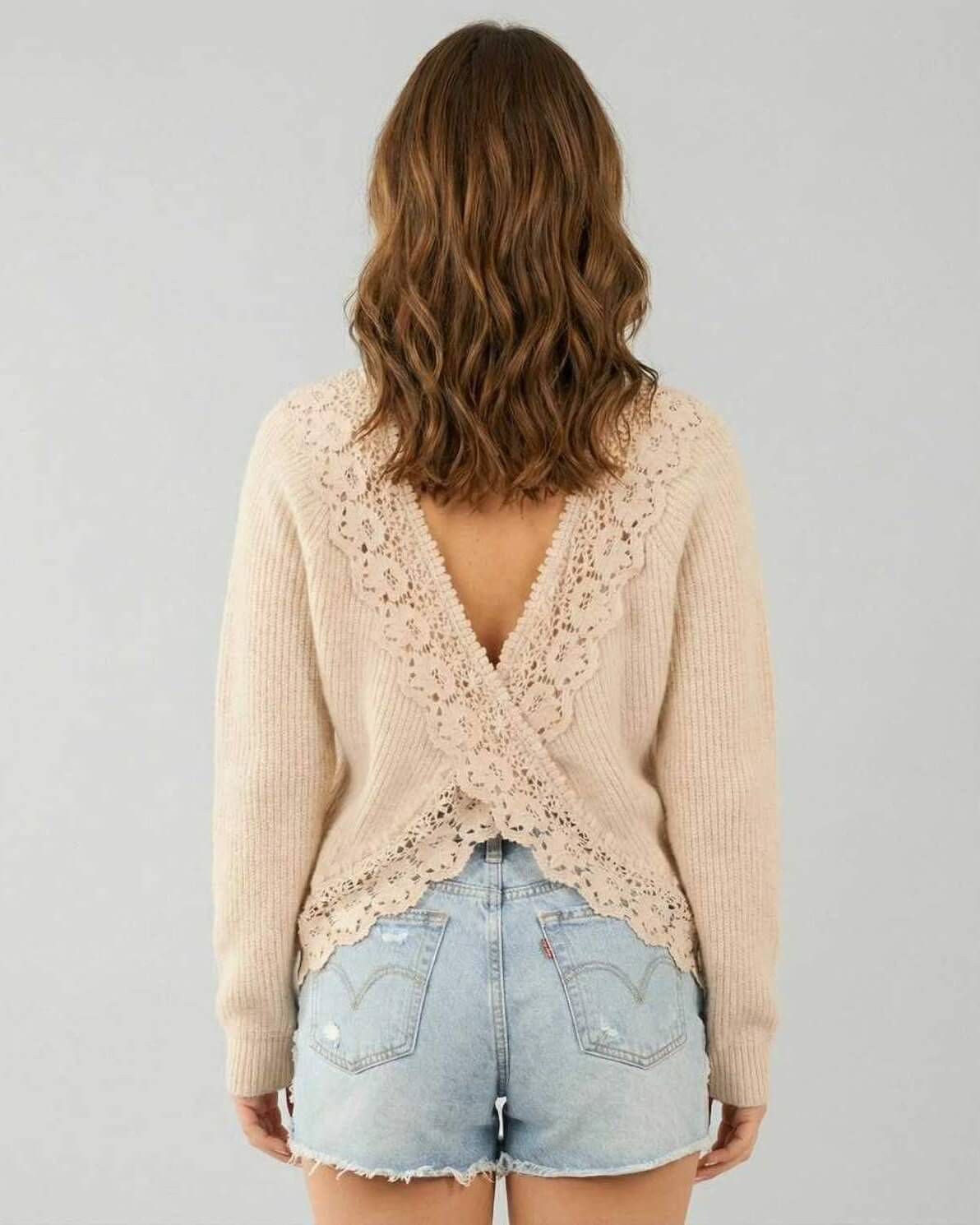 Tela Sweater in beige with a lace back detail, cozy and stylish for layering. Perfect for casual occasions by RAMBLION.