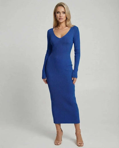 Blue Linen Bodycon V-Neck Long Sleeve Midi Dress | Formal Occasions & Casual Wear, front view | Ramblion | SKU: MMD-928374650-blue-L-3239,MMD-928374650-blue-M-5417,MMD-928374650-blue-S-5242,MMD-928374650-blue-XL-4990,MMD-928374650-blue-XS-3804