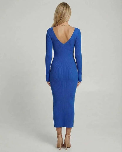 Blue Linen Bodycon V-Neck Long Sleeve Midi Dress | Formal Occasions & Casual Wear, back view | Ramblion | SKU: MMD-928374650-blue-L-3239,MMD-928374650-blue-M-5417,MMD-928374650-blue-S-5242,MMD-928374650-blue-XL-4990,MMD-928374650-blue-XS-3804