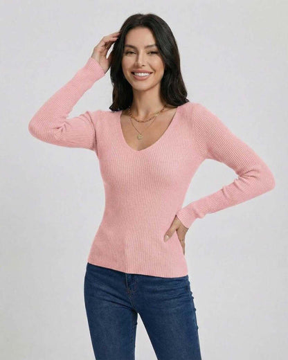 Tera Pullover - Pink V-neck ribbed sweater, soft fabric, perfect for casual and polished looks, by RAMBLION.