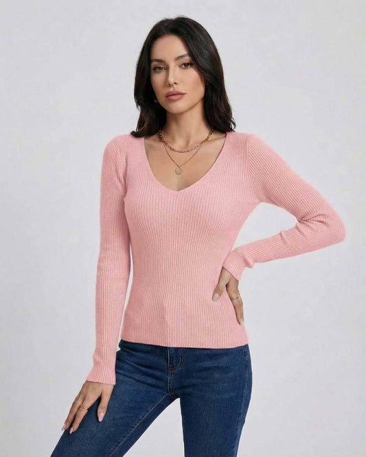 Tera Pullover in pink, V-neck, ribbed knit, ideal for everyday or polished looks, by RAMBLION.