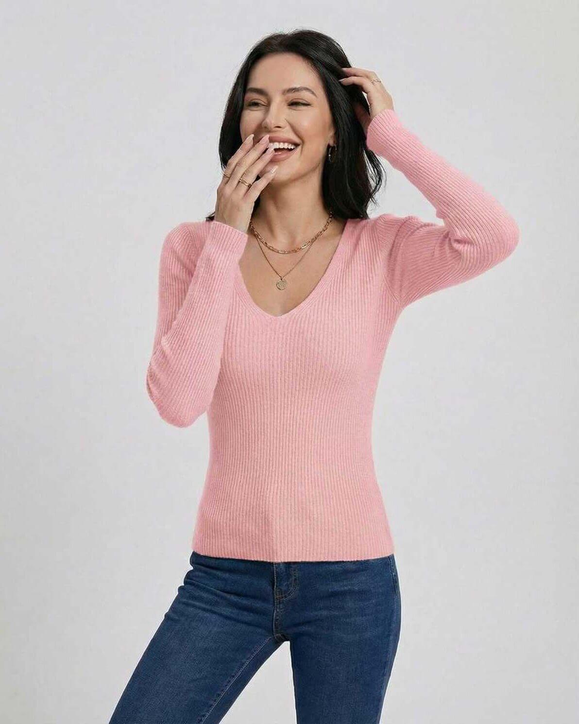 Tera Pullover in pink, ribbed knit, V-neck design, perfect for everyday and polished looks, by RAMBLION.
