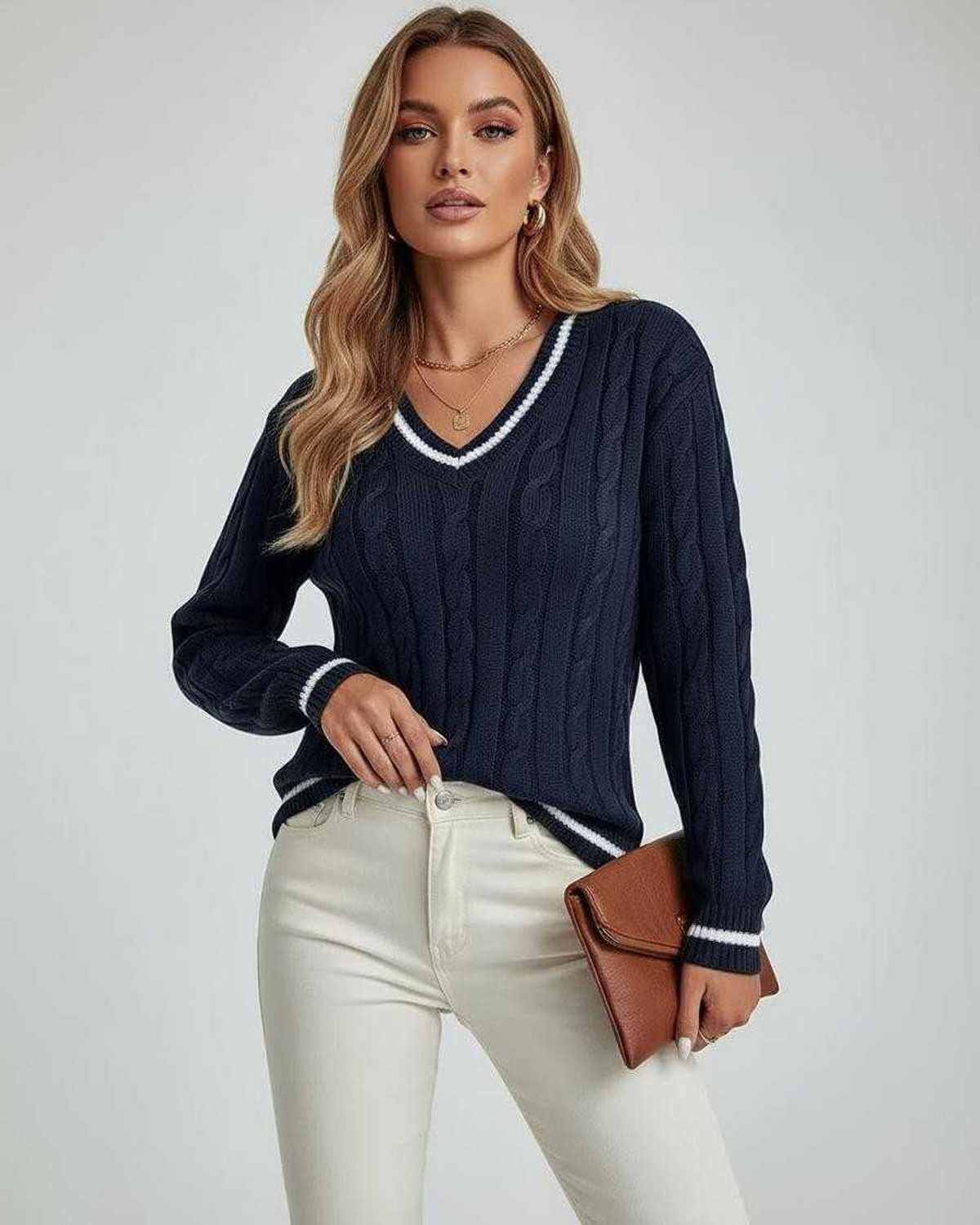 Tera Sweater by RAMBLION, navy cable knit design, soft cotton, V-neck, perfect for layering, stylish and sophisticated.