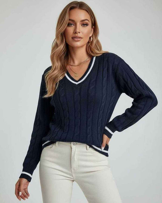 Tera Sweater by RAMBLION, navy cable knit, V-neck, perfect for layering, stylish and comfortable for any occasion.