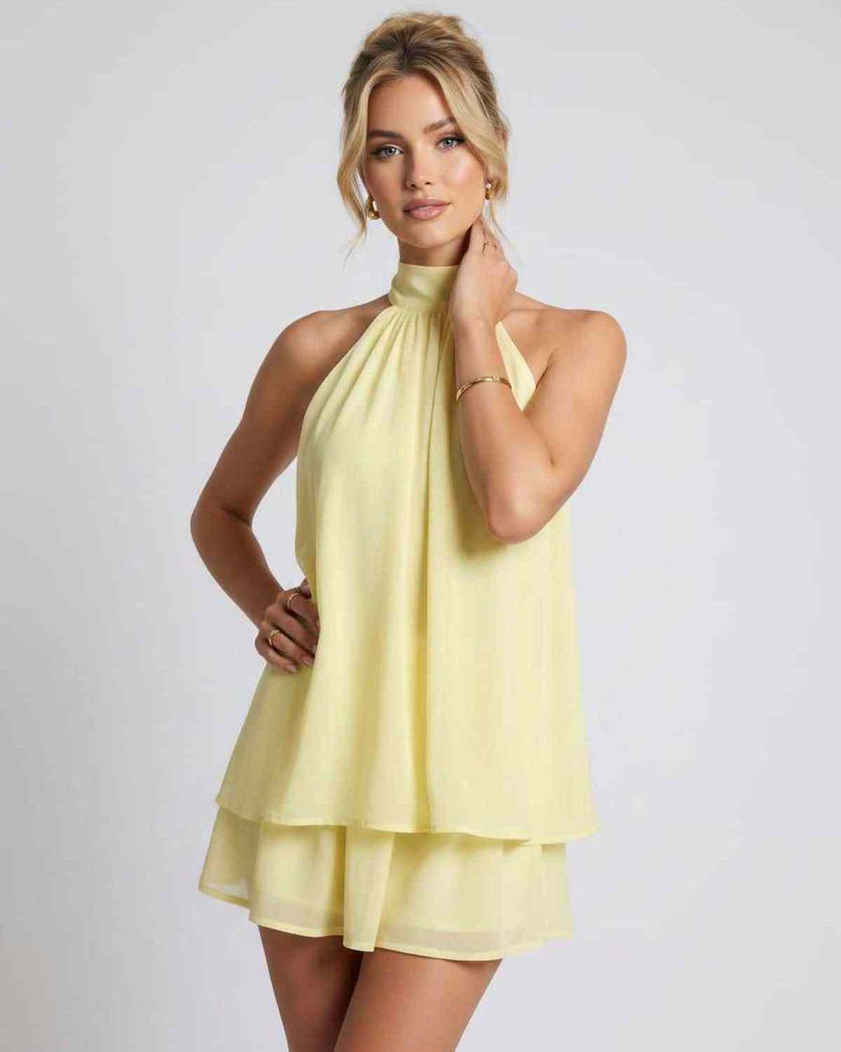 Ramblion Tessa mini dress — halter neckline · side detail · styled for prom season