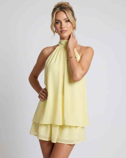 Ramblion Tessa mini dress — halter neckline · side detail · styled for prom season