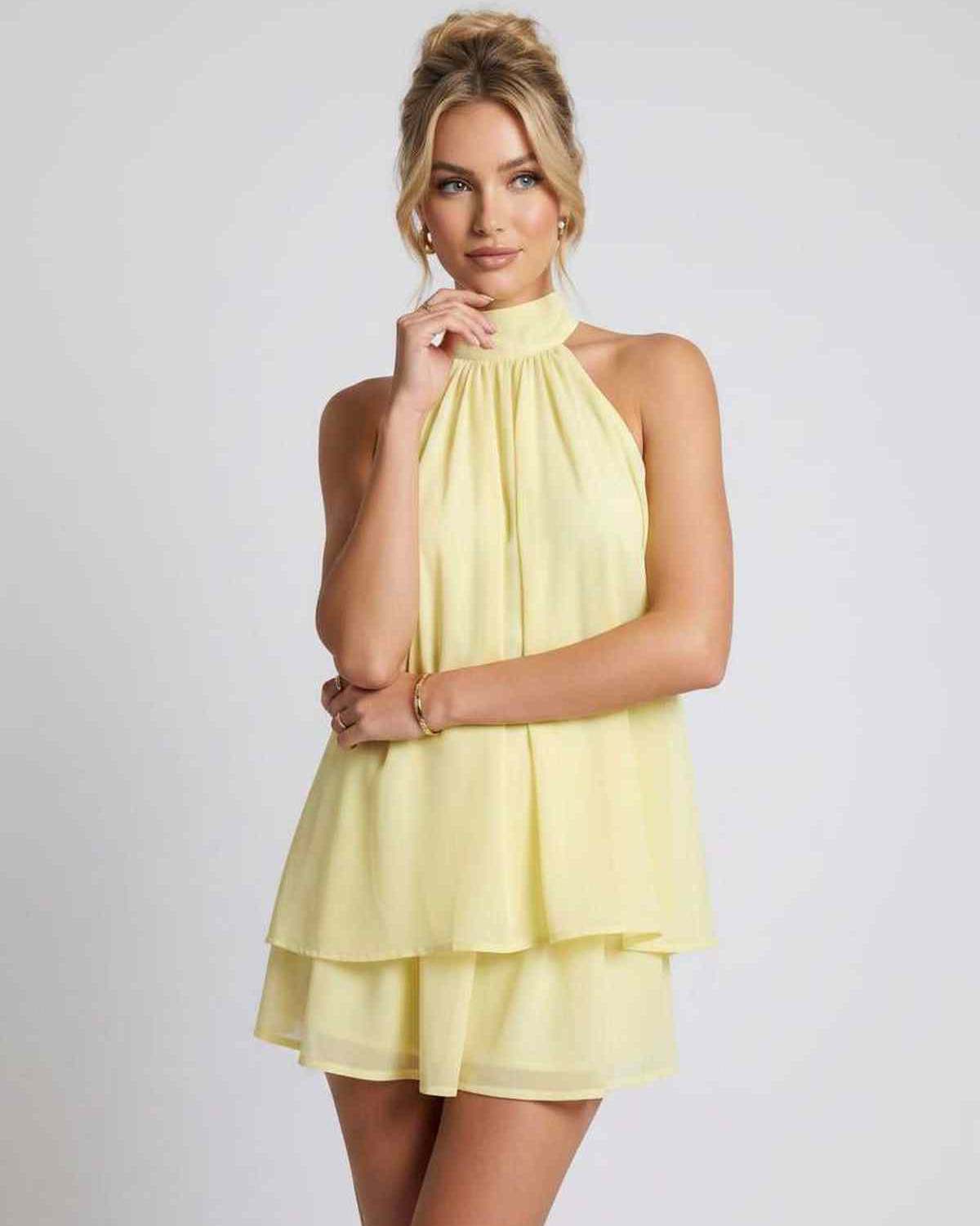 Ramblion Tessa mini dress — halter neckline · lifestyle styling · styled for prom season