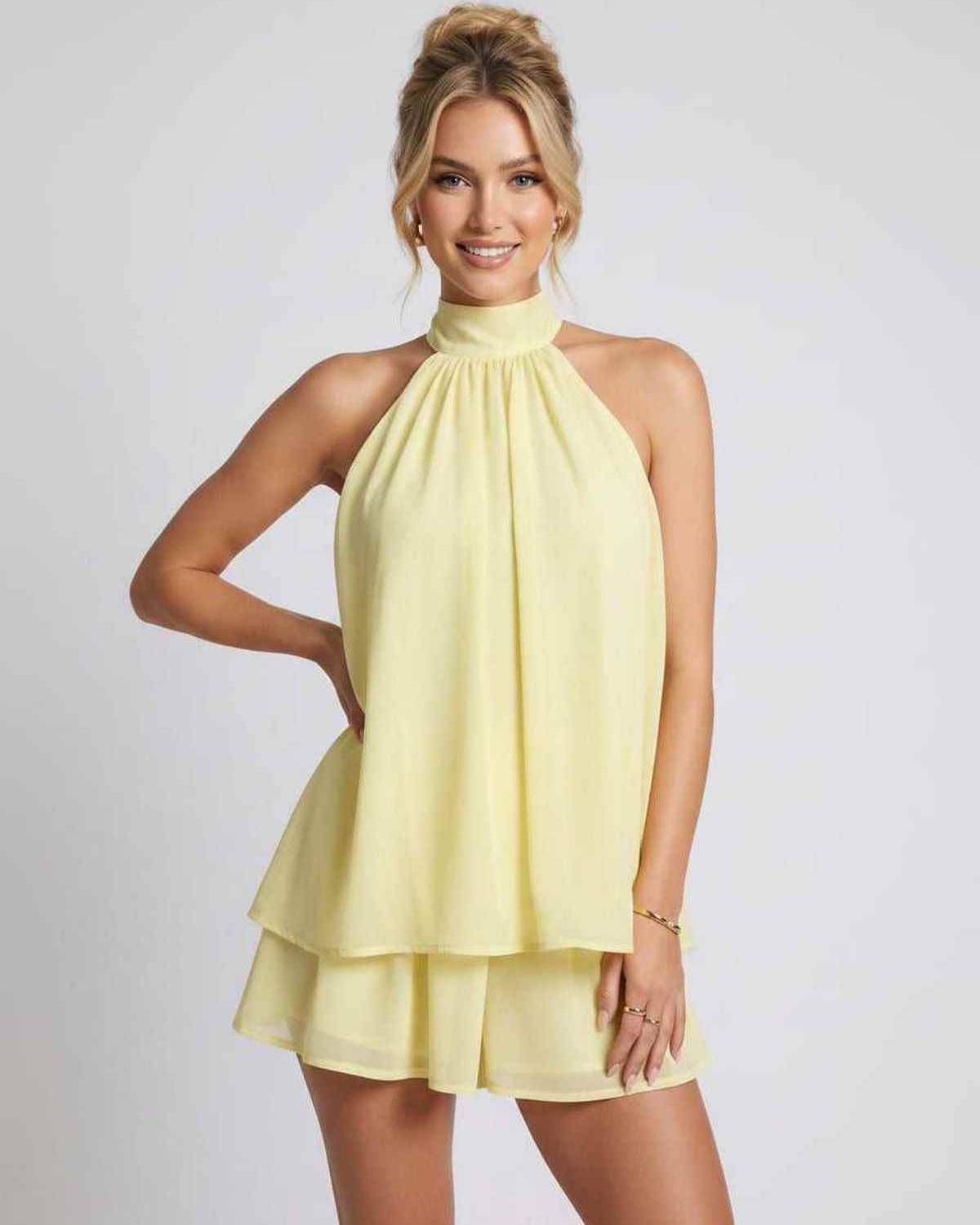 Ramblion Tessa mini dress — halter neckline · fabric close-up · styled for prom season