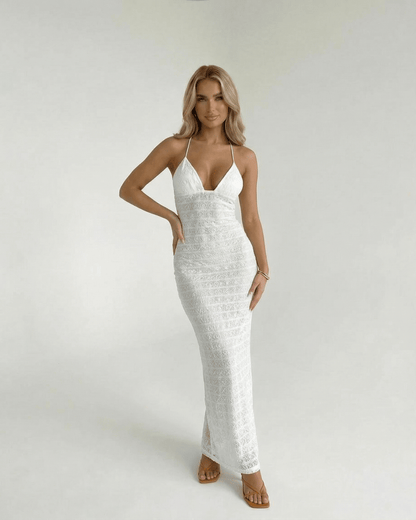 Teva Maxi Dress in white, sleeveless, elegant lace design, perfect for special occasions by RAMBLION.