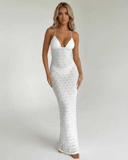Teva Maxi Dress: Elegant white ankle-length dress with lace detailing, V neck, perfect for sophisticated occasions by RAMBLION.